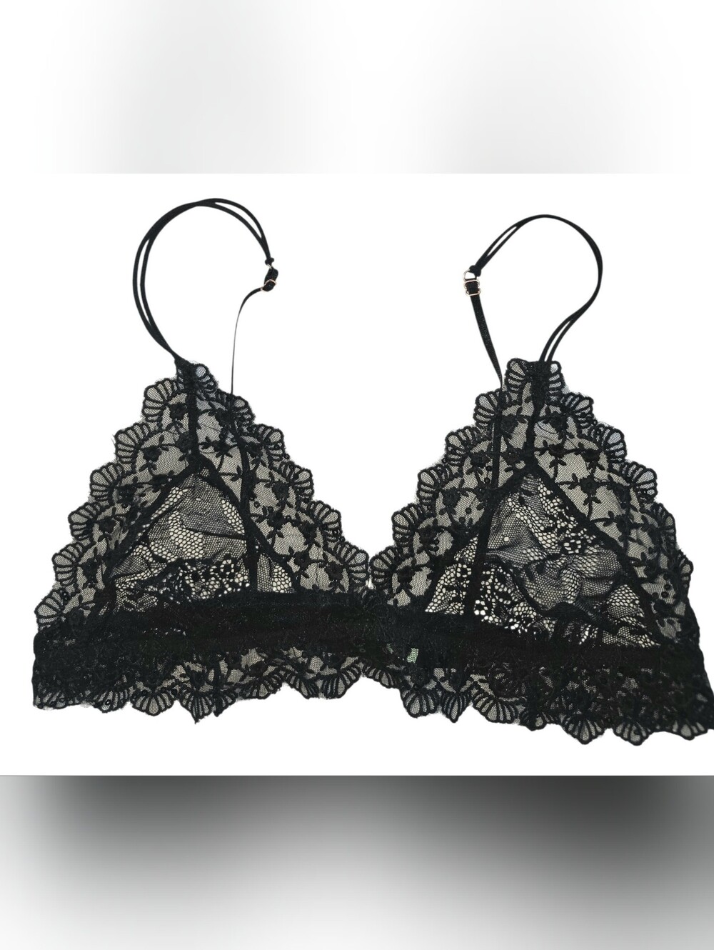 Medium Black Scalloped Lace Bralette Adjustable Spaghetti Straps Stretchy Band - Picture 2 of 5